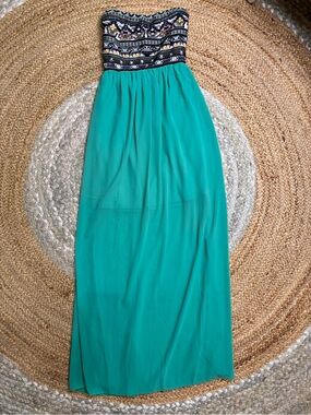 Strapless Embroidered Bodice Maxi Dress in Teal